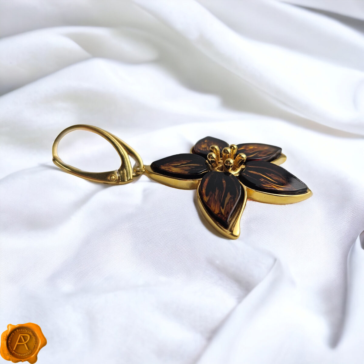 Carved Amber Flower Gold Earrings - Image 5