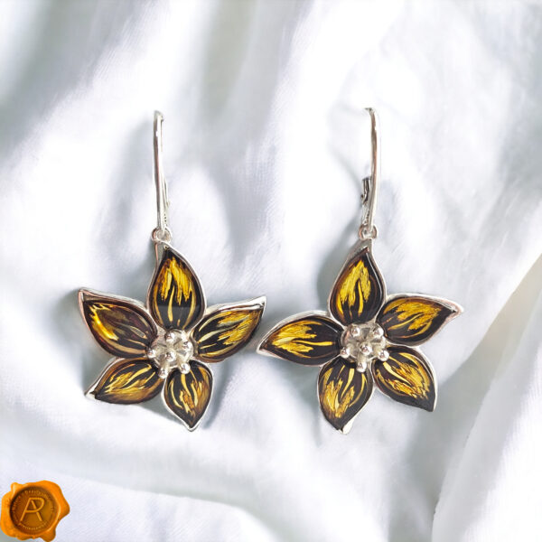 Baltic Amber Flower Gemstone Earrings Silver, Chunky Flowers Teardrop Art Gift Women, Large Drop Amber Silver Natural Amber Jewelry
