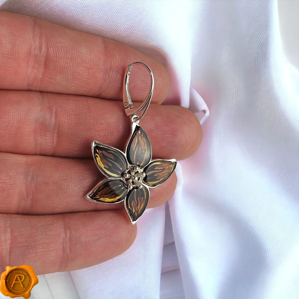Carved Amber Flower Silver Earrings - Image 5