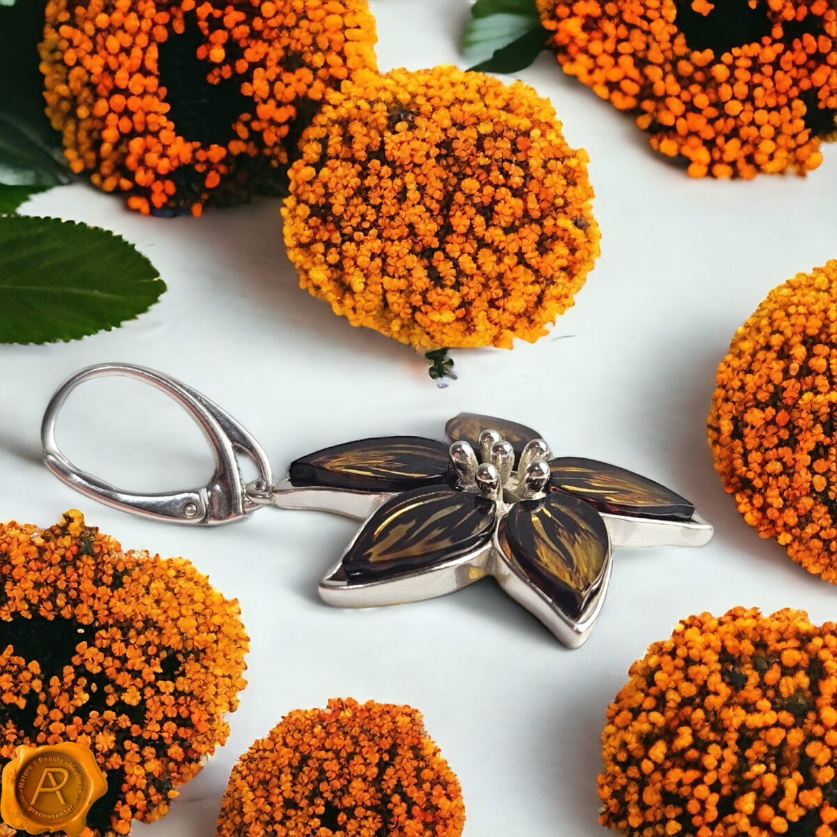 Carved Amber Flower Silver Earrings - Image 2