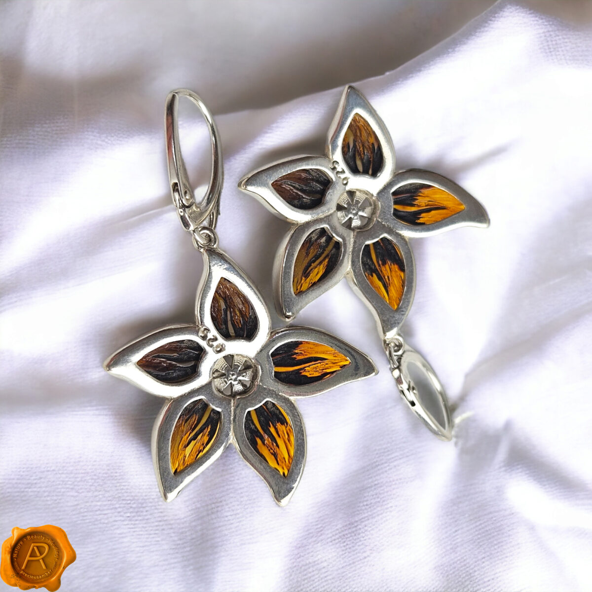 Carved Amber Flower Silver Earrings - Image 4