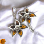 Carved Amber Flower Silver Earrings - Image 4