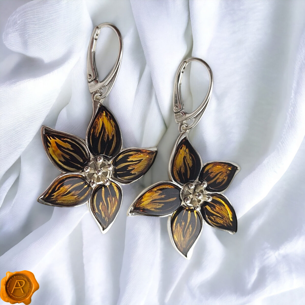 Carved Amber Flower Silver Earrings - Image 3