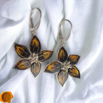 Carved Amber Flower Silver Earrings - Image 3