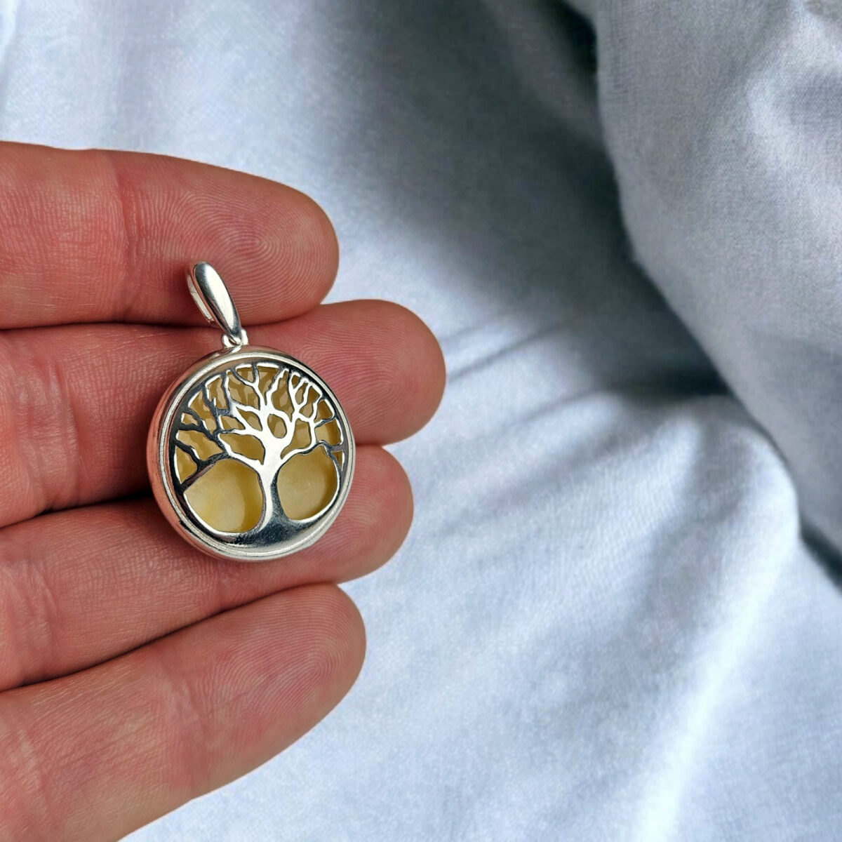 Natural Yellow Baltic Amber Tree of Life Silver Gemstone Drop Pendant Necklace Irish Gift, Large Tree Lover Art Jewelry Teardrop Gold Charm