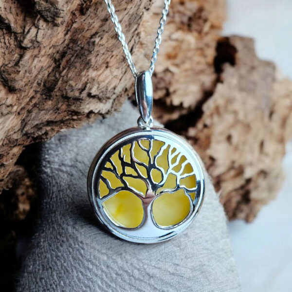 Natural Yellow Baltic Amber Tree of Life Silver Gemstone Drop Pendant Necklace Irish Gift, Large Tree Lover Art Jewelry Teardrop Gold Charm