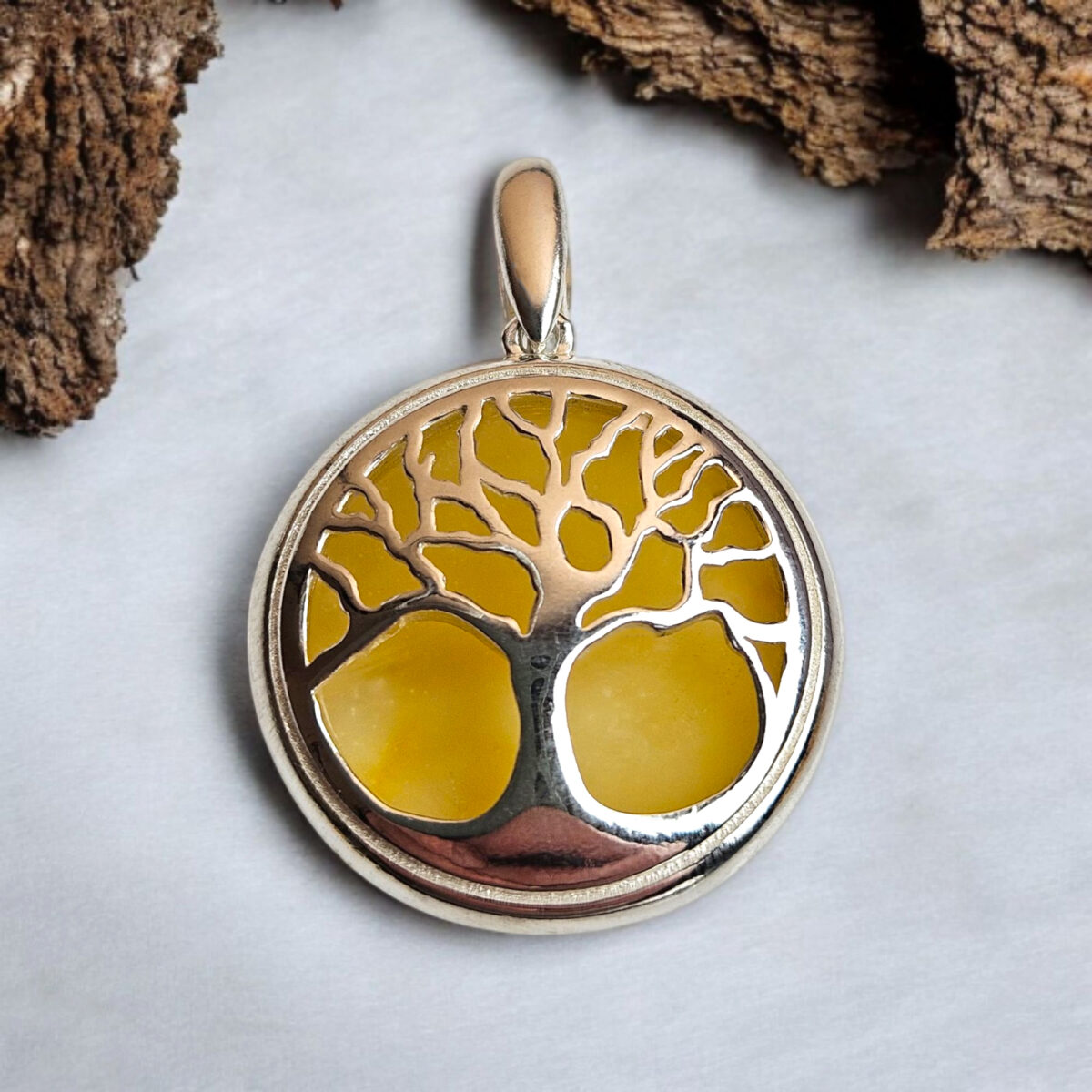 Natural Yellow Baltic Amber Tree of Life Silver Gemstone Drop Pendant Necklace Irish Gift, Large Tree Lover Art Jewelry Teardrop Gold Charm