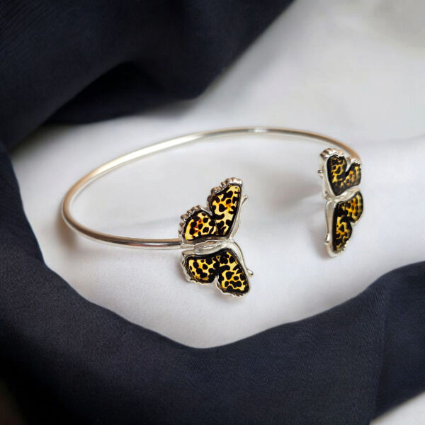 ADJUSTABLE Leopard Butterfly Natural Baltic Amber Silver Bracelet Cuff Bangle Gift Women Girls, Small Dainty Butterfly Charm Jewelry