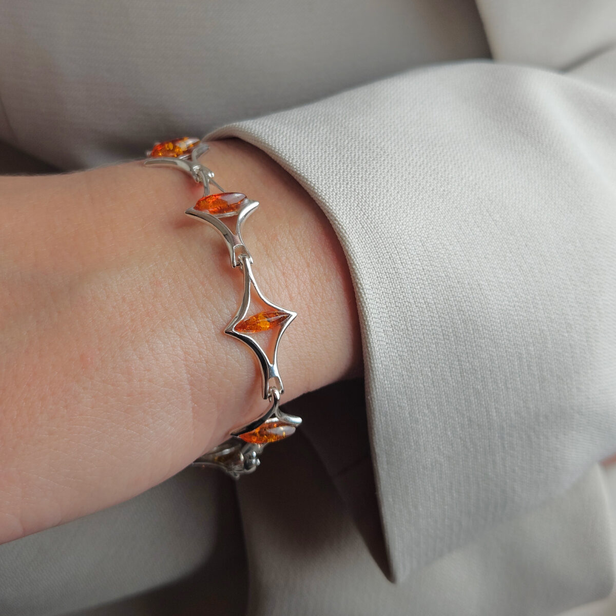 Adjustable-Bracelets-Sterling-Silver-Dainty-Gemstone-Natural-Real-Baltic-Amber-Small-Link-Bracelet-Jewelry-for-Women-UK-Ireland Amber Silver Link Bracelet Honey - Image 2