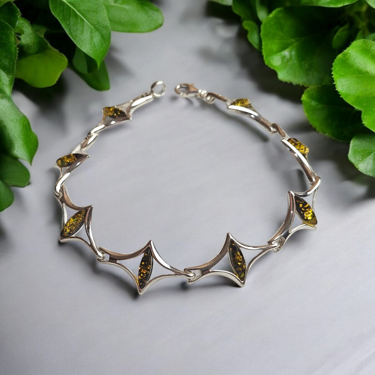 ADJUSTABLE Green Natural Baltic Amber Sterling Silver Link Bracelet Women, Small Gemstone Crystal Dainty Bracelets Gift Girlfriend Wife