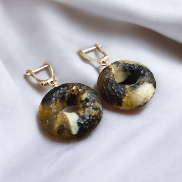 METEORITE Baltic Amber Round Large Donut Teardrop Earrings Sterling Silver Gift Women, Carved Gemstone Chunky Drop Dangle Jewelry