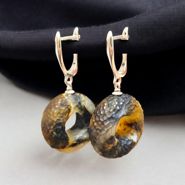METEORITE Baltic Amber Round Large Donut Teardrop Earrings Sterling Silver Gift Women, Carved Gemstone Chunky Drop Dangle Jewelry