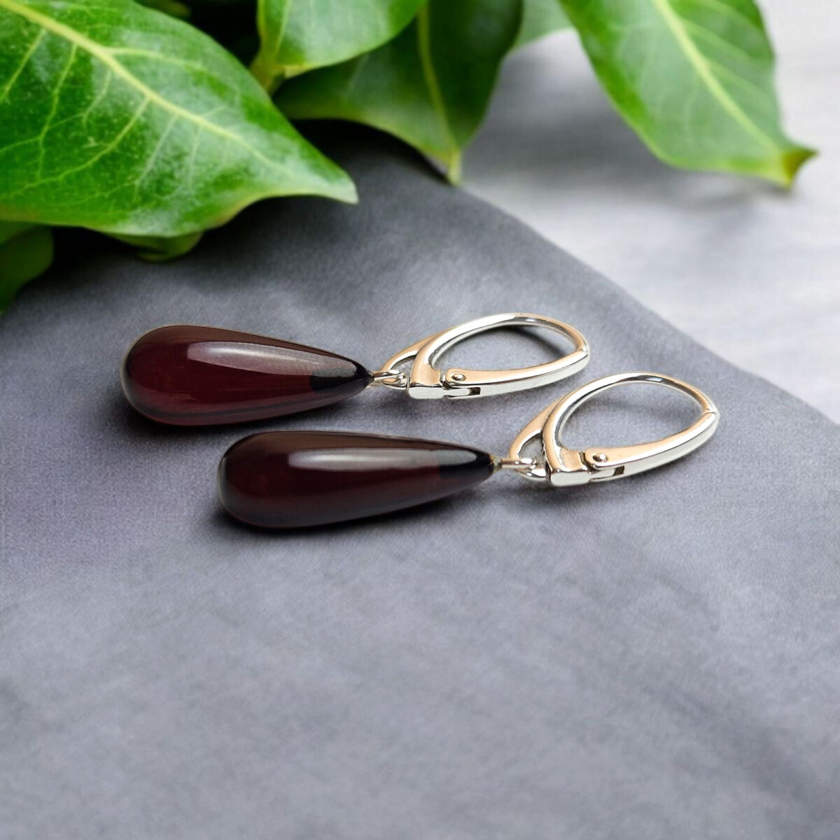 Natural Black Cherry Baltic Amber Drop Teardrop Dangle Earrings Sterling Silver, Red Gemstone Classic Jewelry Long Elegant Earrings Women