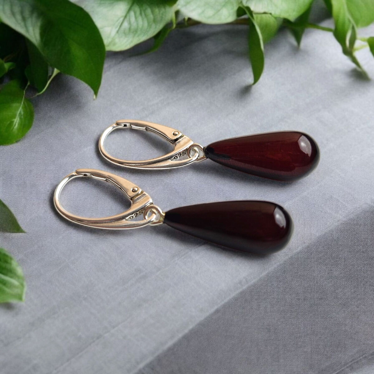 Natural Black Cherry Baltic Amber Drop Teardrop Dangle Earrings Sterling Silver, Red Gemstone Classic Jewelry Long Elegant Earrings Women