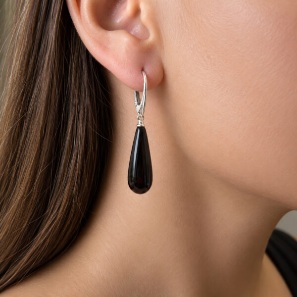 Natural Black Cherry Baltic Amber Drop Teardrop Dangle Earrings Sterling Silver, Red Gemstone Classic Jewelry Long Elegant Earrings Women