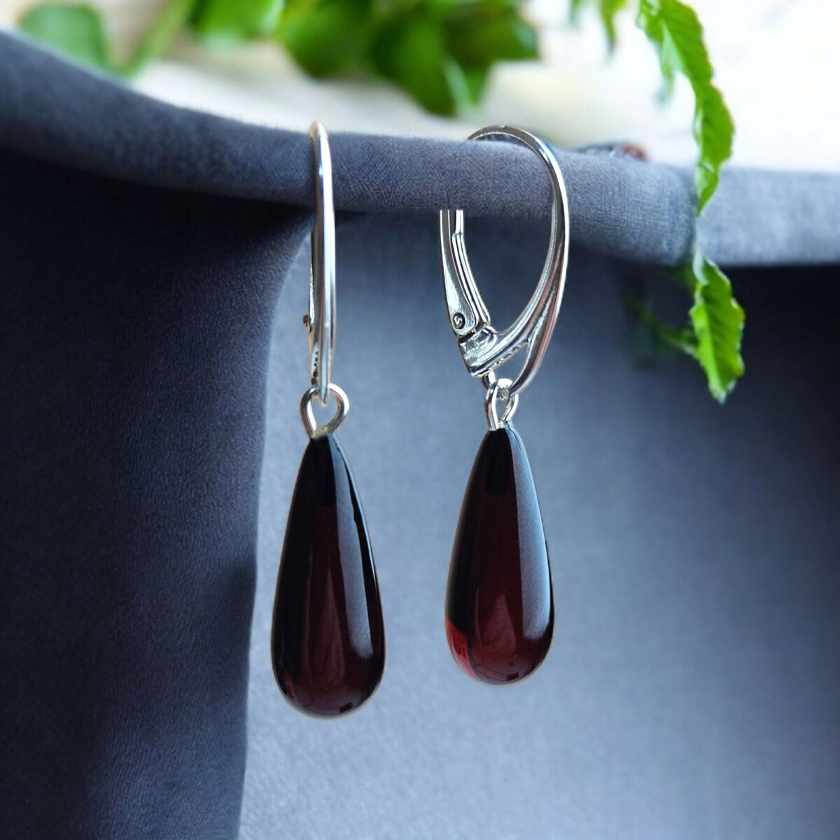 Natural Black Cherry Baltic Amber Drop Teardrop Dangle Earrings Sterling Silver, Red Gemstone Classic Jewelry Long Elegant Earrings Women