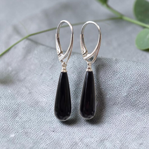 Natural Black Cherry Baltic Amber Drop Teardrop Dangle Earrings Sterling Silver, Red Gemstone Classic Jewelry Long Elegant Earrings Women