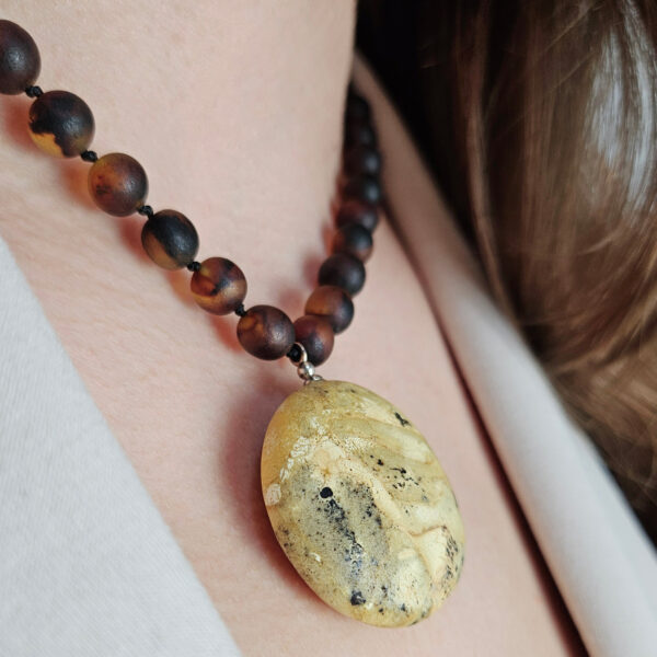Baltic Amber Protection Amulet, Large White Marble Pendant Necklace Women Chunky Natural Amber Teardrop Gemstone Protective Jewelry