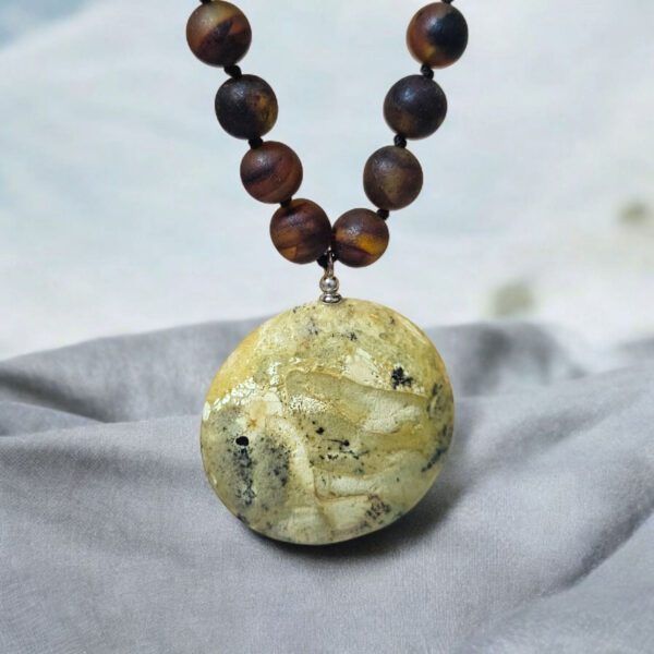RARE Baltic Amber Protection Amulet, Large White Marble Pendant Necklace Women Chunky Natural Amber Teardrop Gemstone Protective Jewelry