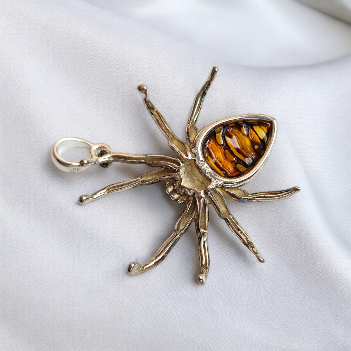 UNISEX Large Silver Spider Baltic Amber Gemstone Pendant Necklace Spiders Gifts Silver Amber Spider Lover Arachnophile Jewelry Men Women