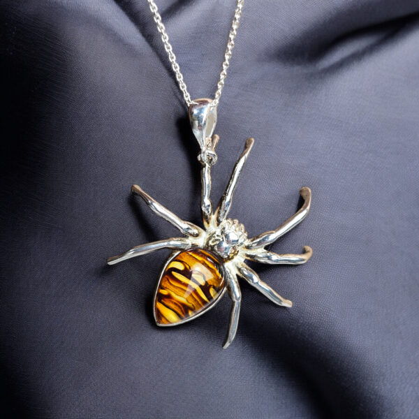UNISEX Large Silver Spider Baltic Amber Gemstone Pendant Necklace Spiders Gifts Silver Amber Spider Lover Arachnophile Jewelry Men Women