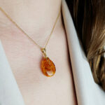 Natural Honey Baltic Amber Teardrop Pendant Gold Silver Necklace Gift Women, Small Dainty Gemstone Gold Jewelry, Tiny Drop Charm