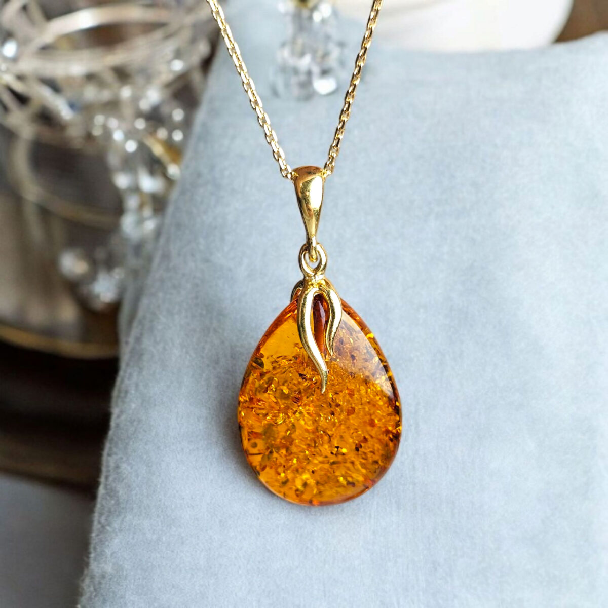 Natural Honey Baltic Amber Teardrop Pendant Gold Silver Necklace Gift Women, Small Dainty Gemstone Gold Jewelry, Tiny Drop Charm