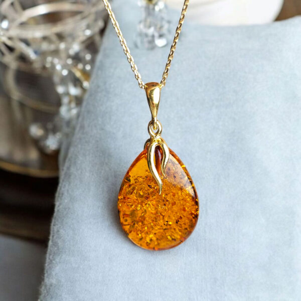 Natural Honey Baltic Amber Teardrop Pendant Gold Silver Necklace Gift Women, Small Dainty Gemstone Gold Jewelry, Tiny Drop Charm