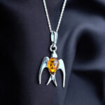 Dainty Baltic Amber Silver Swallow Drop Charm Pendant Necklace, Swallow Jewelry Small Bird Lover Gifts, Natural Tiny Cute Amber Teardrop