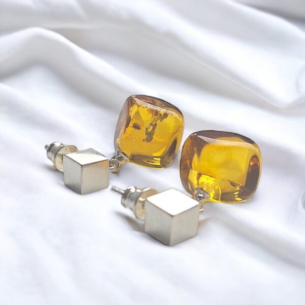 Geometric Amber Cube Silver Earrings