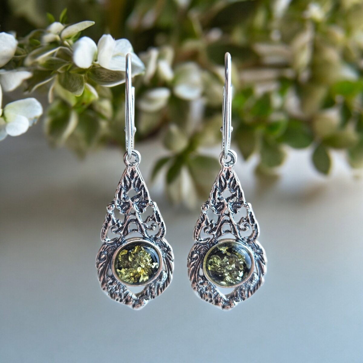 Green Amber Subtle Silver Earrings - Image 1