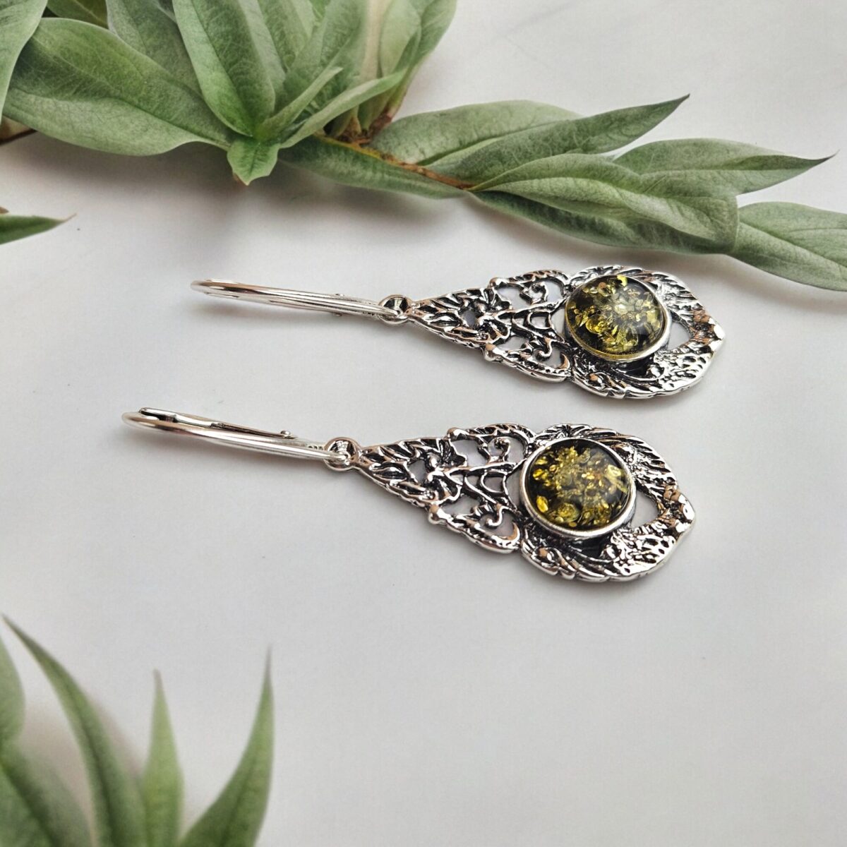 Green Amber Subtle Silver Earrings - Image 5