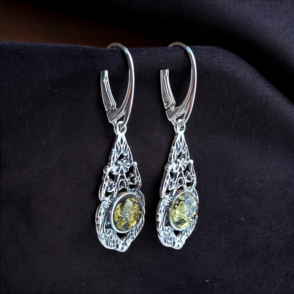 Green Amber Subtle Silver Earrings - Image 2