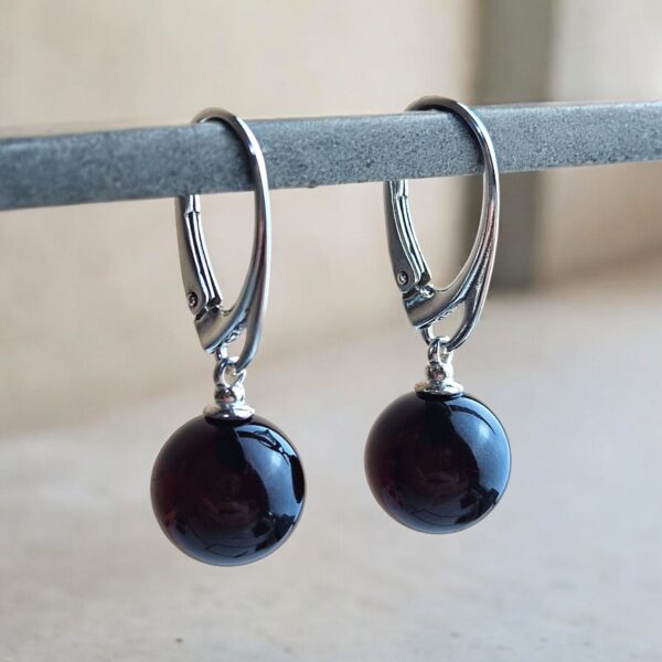 Dainty Black Cherry Baltic Amber Drop Round Earring Silver Gift Women, Natural Red Amber Small Ball Sphere Teardrop Everyday Earrings