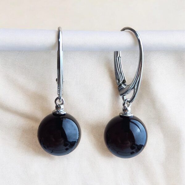 Dainty Black Cherry Baltic Amber Drop Round Earring Silver Gift Women, Natural Red Amber Small Ball Sphere Teardrop Everyday Earrings