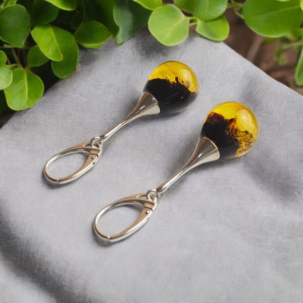 Dainty Black Cherry Baltic Amber Drop Round Earring Silver Gift Women, Natural Red Amber Small Ball Sphere Teardrop Everyday Earrings