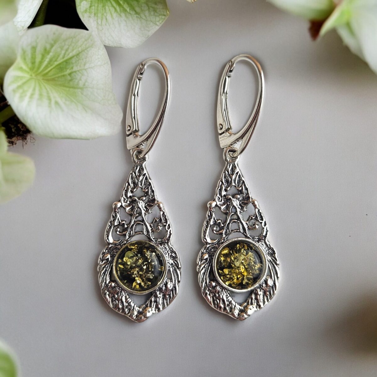 Green Amber Subtle Silver Earrings - Image 3