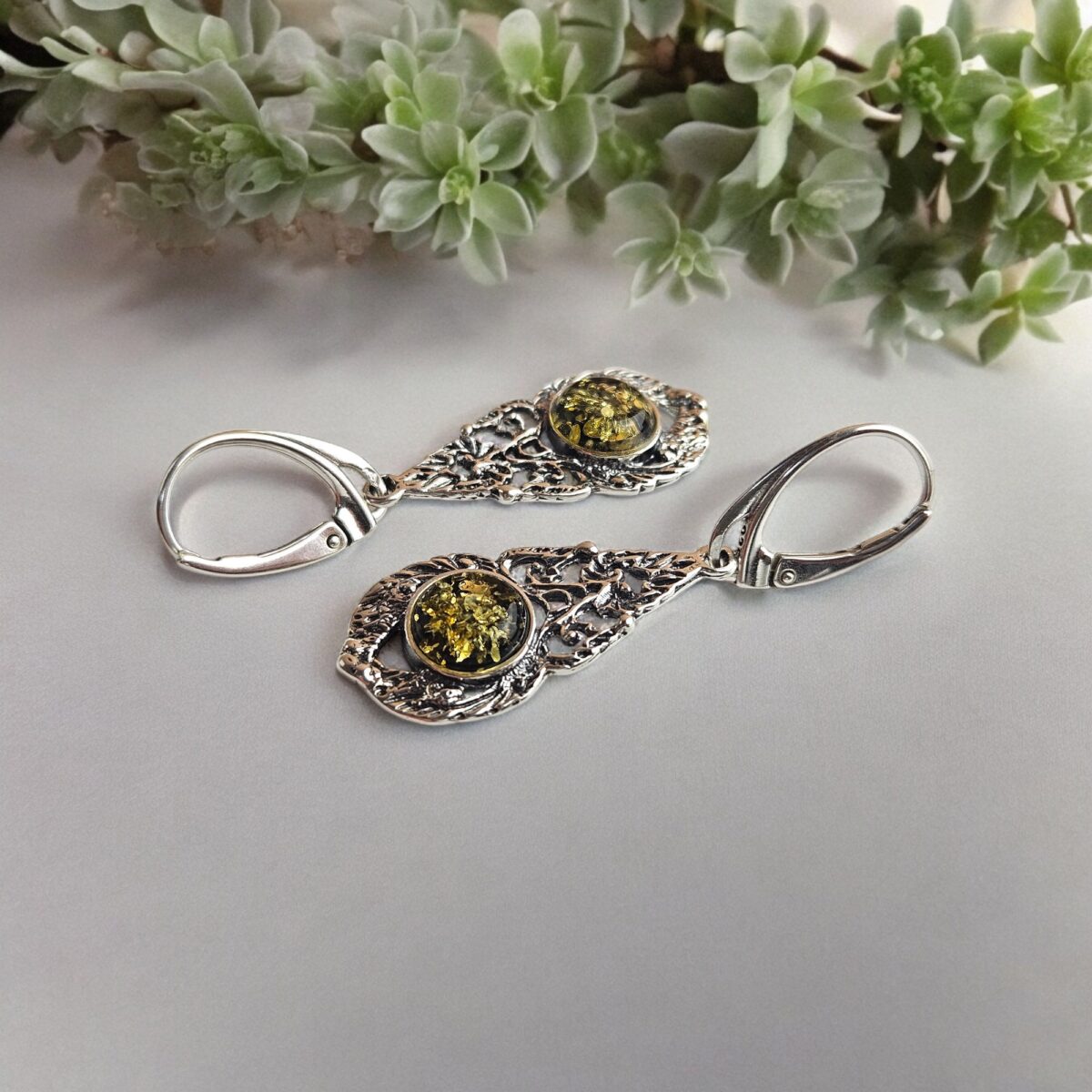 Green Amber Subtle Silver Earrings - Image 4