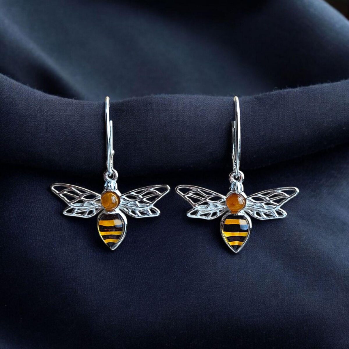 Carved Amber Bee Silver Earrings - Image 1
