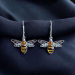 Carved Amber Bee Silver Earrings