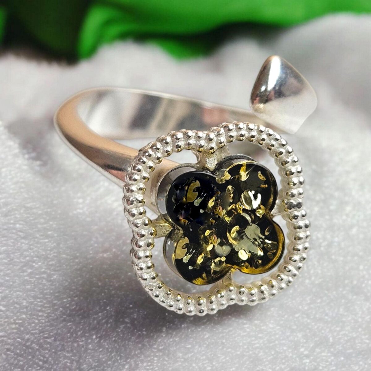 Adjustable Four Leaf Clover Green Amber Ring - Image 1