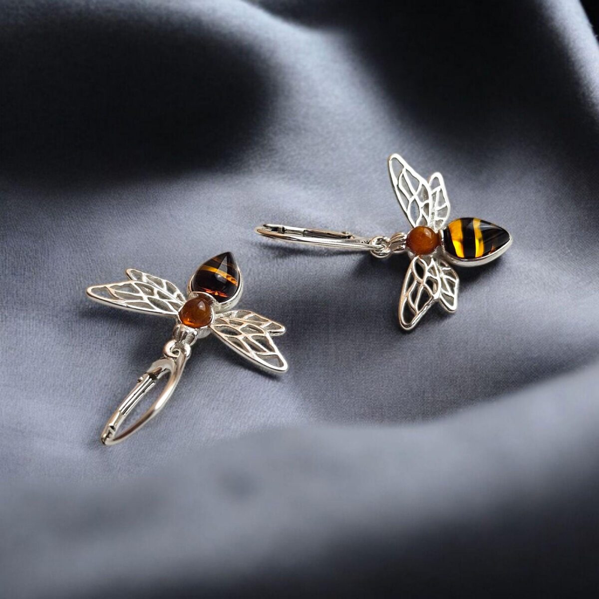 Carved Amber Bee Silver Earrings - Image 3