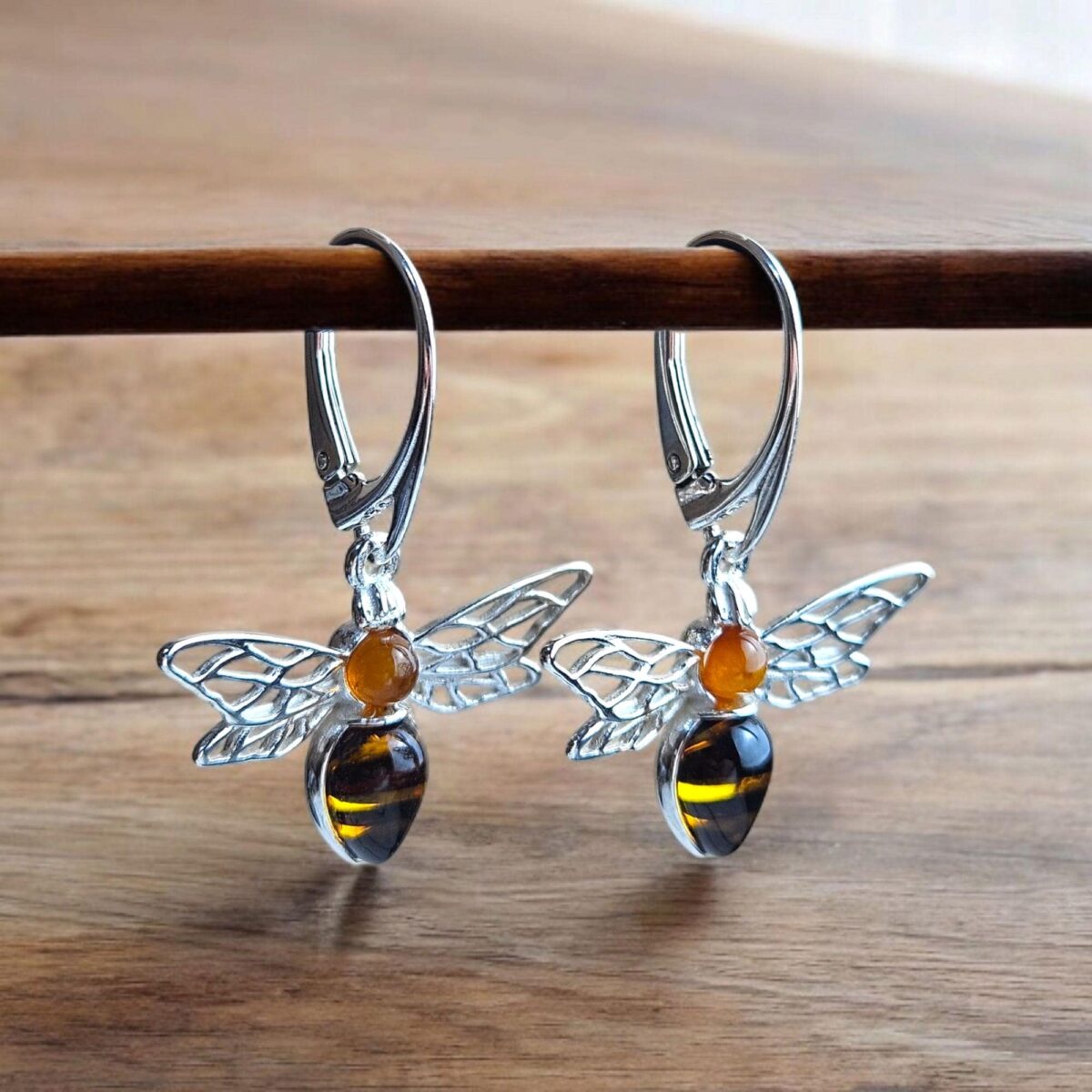 Carved Amber Bee Silver Earrings - Image 2