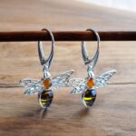 Carved Amber Bee Silver Earrings - Image 2