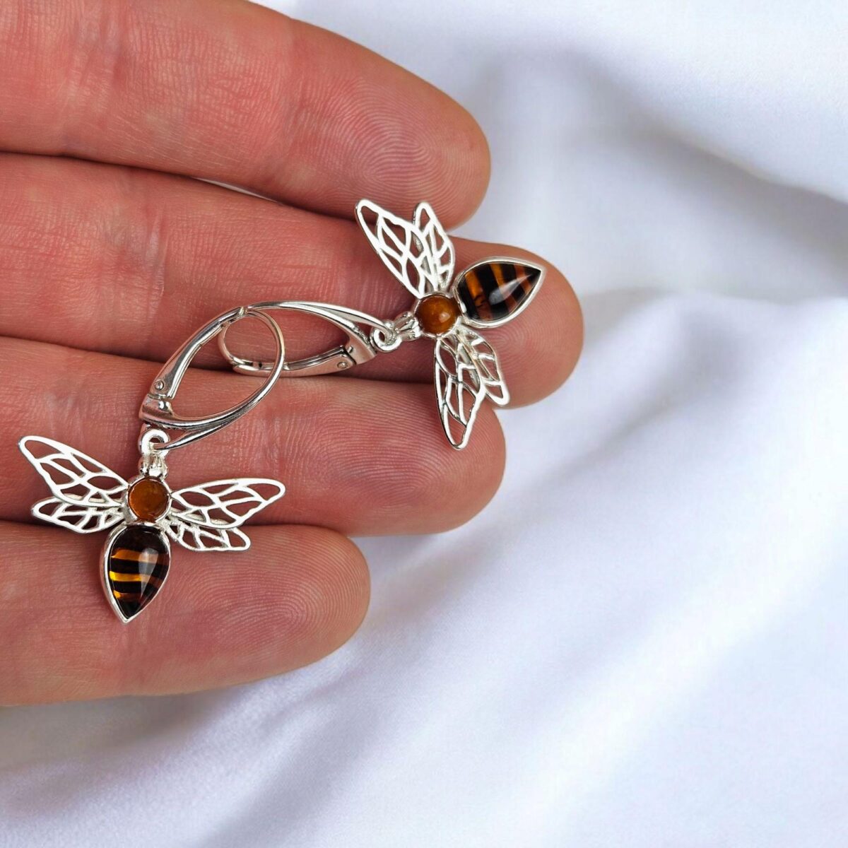 Carved Amber Bee Silver Earrings - Image 4