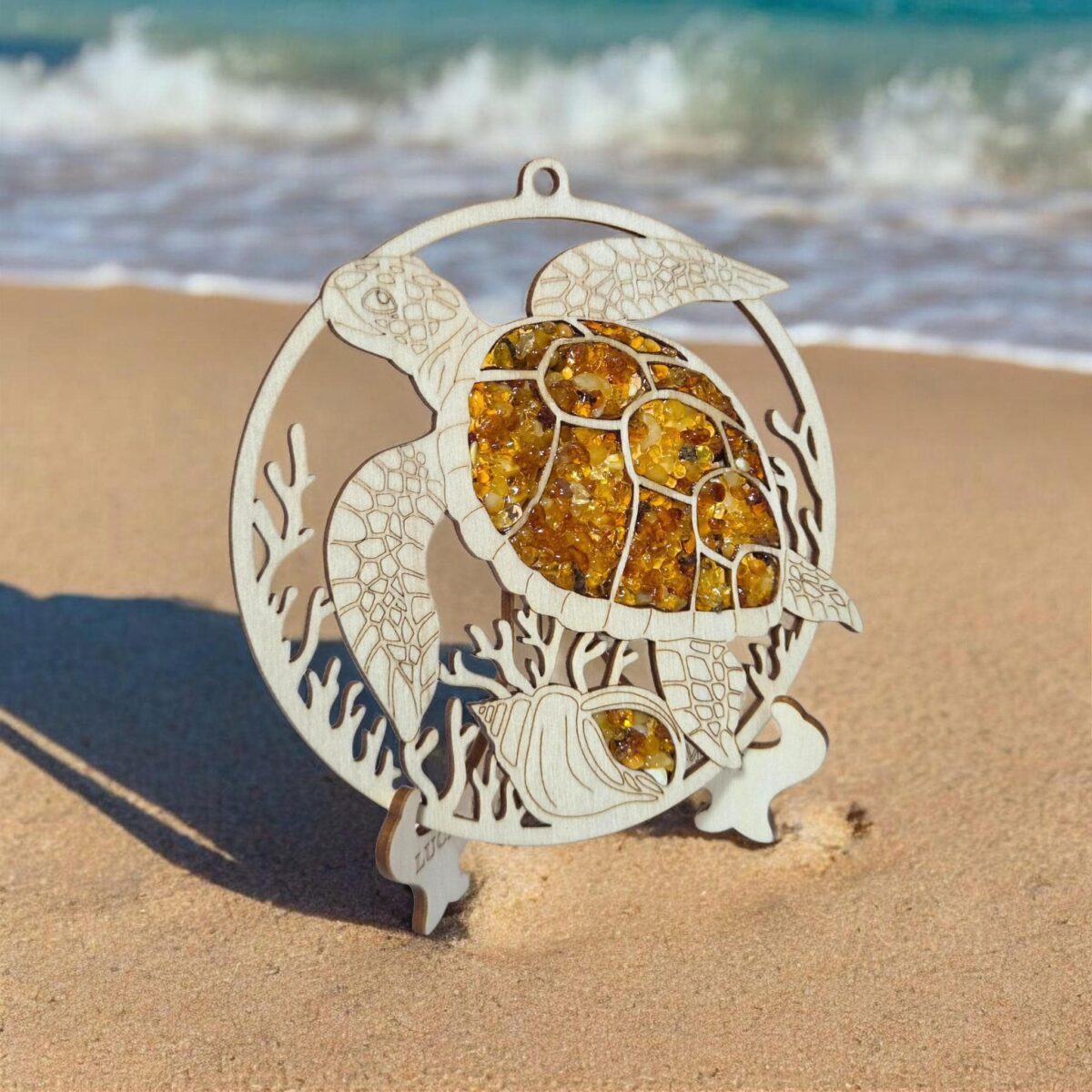 Magnetic Amber Sea Turtle Ornament with Stand - Image 1