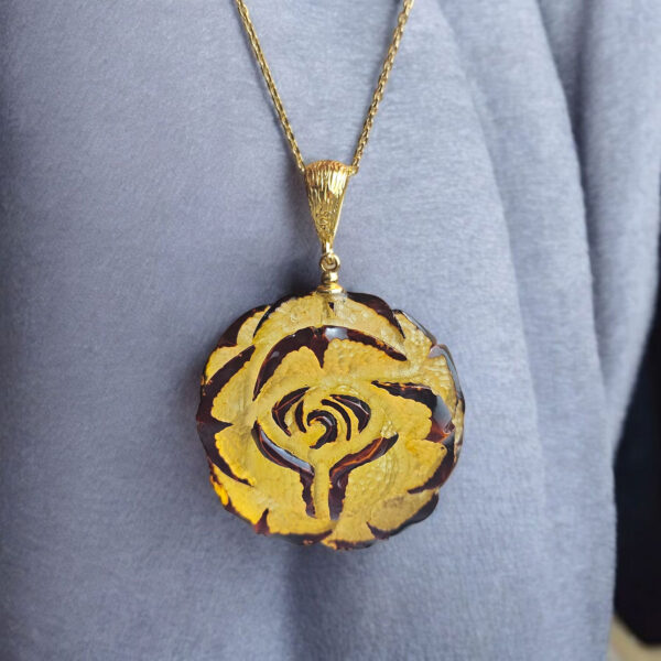 CARVED Large Baltic Amber Rose Flower Pendant Necklace Gold Silver, Natural Honey Chunky Gemstone Teardrop Romantic Jewellery Gift For Women
