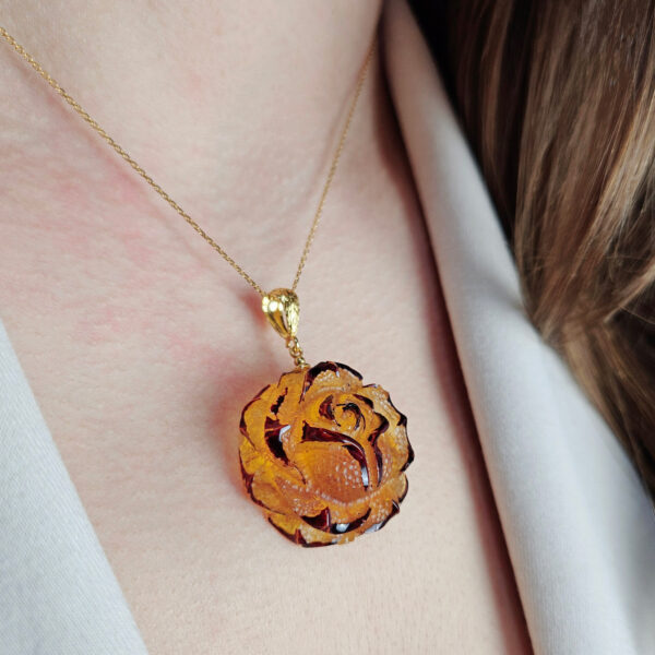 CARVED Large Baltic Amber Rose Flower Pendant Necklace Gold Silver, Natural Honey Chunky Gemstone Teardrop Romantic Jewellery Gift For Women
