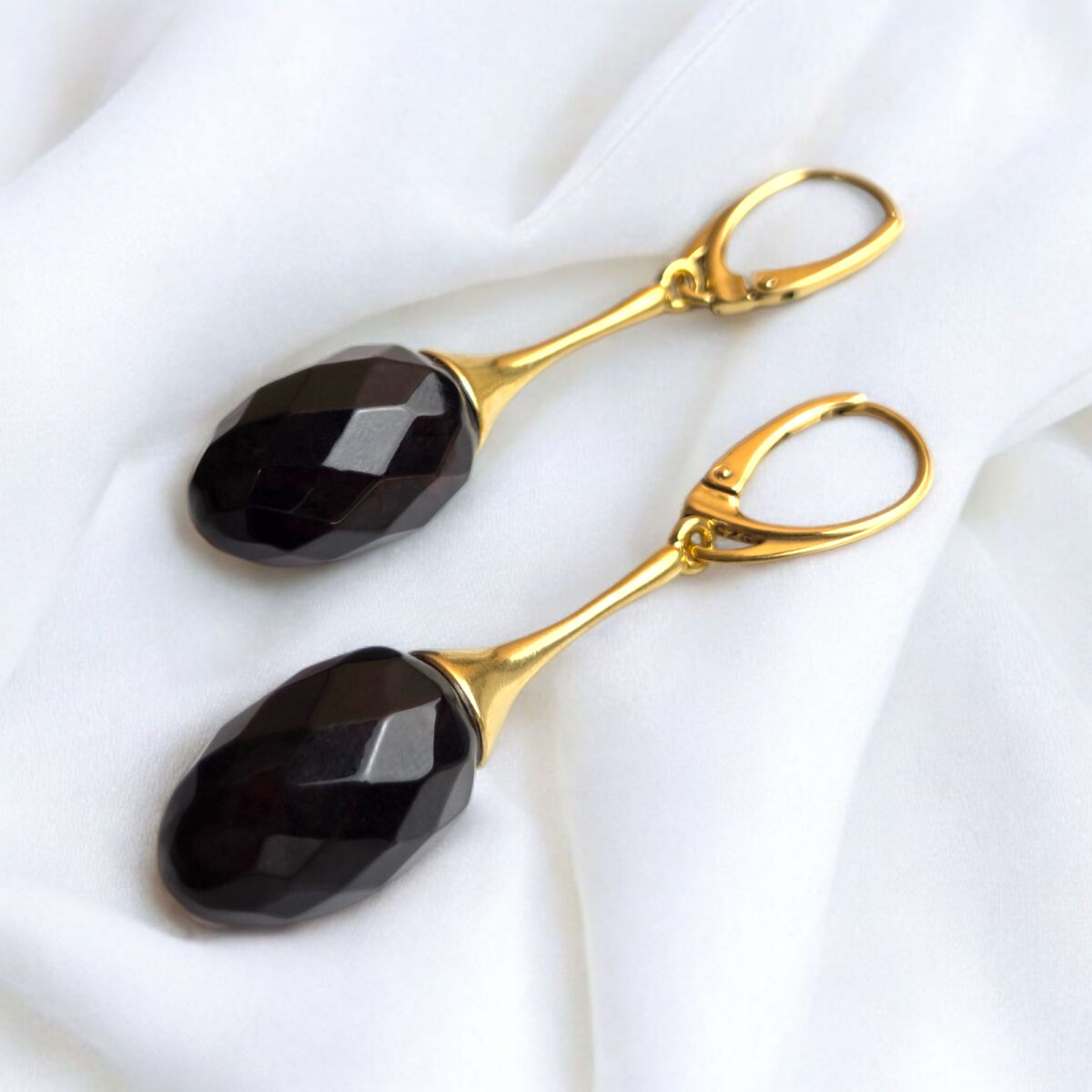 ELEGANT Cherry Baltic Amber Gold Earrings Jewelry Gift Women, Natural Red Classic Large Teardrop Long Faceted Gemstone Crystal Earrings