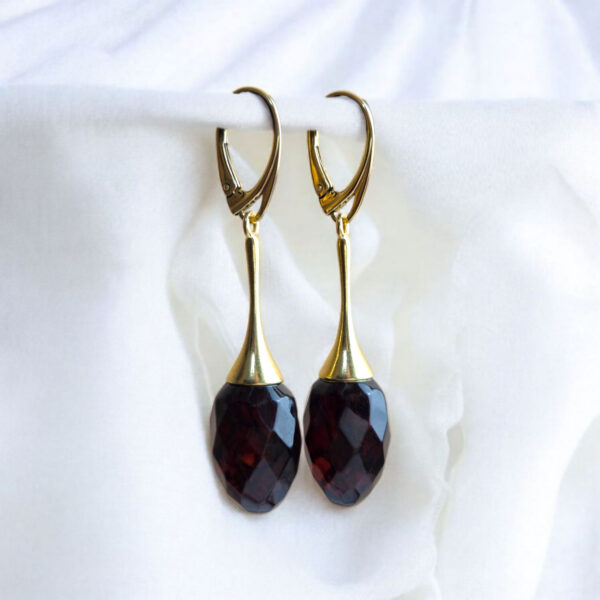 ELEGANT Cherry Baltic Amber Gold Earrings Jewelry Gift Women, Natural Red Classic Large Teardrop Long Faceted Gemstone Crystal Earrings